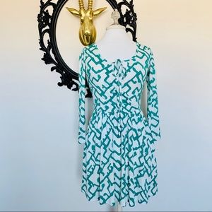 French Connection White with Green Pattern Long Sleeves Wrap Dress